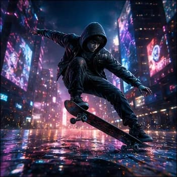 AI-generated cyberpunk skateboarding scene